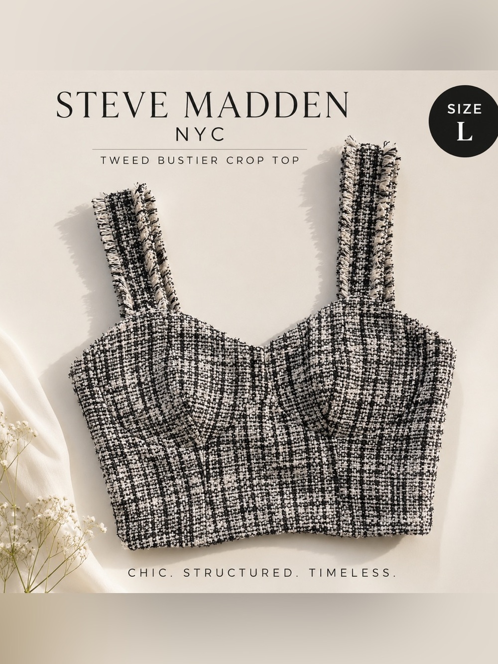Steve Madden NYC Black White Tweed Bouclé Bustier Crop Top Size L